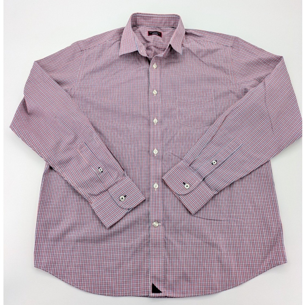 UNTUCKit Mens Large Shirt Red Blue Plaid Check Long Sleeve Button Up Curved Hem‎